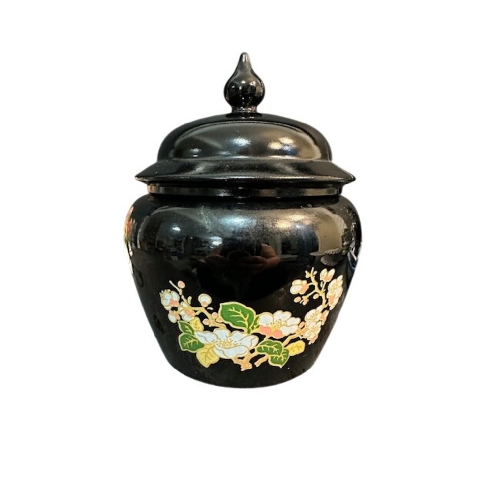 VTG‎ Avon Black Floral Ceramic Ginger Jar with Lid Small Chinoiserie Trinket Pot